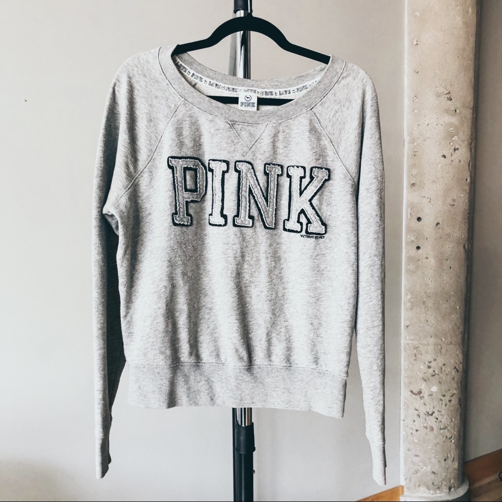 VS PINK Crew Neck Pullover, Size Lg, Grey, Black